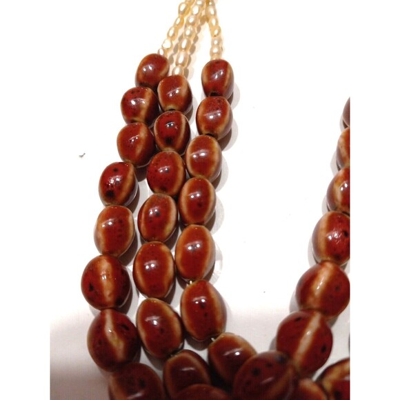 3 Strand Necklace Amber/Brown Beads Seed Pearl Look Adjustable Length Handmade - Picture 4 of 6